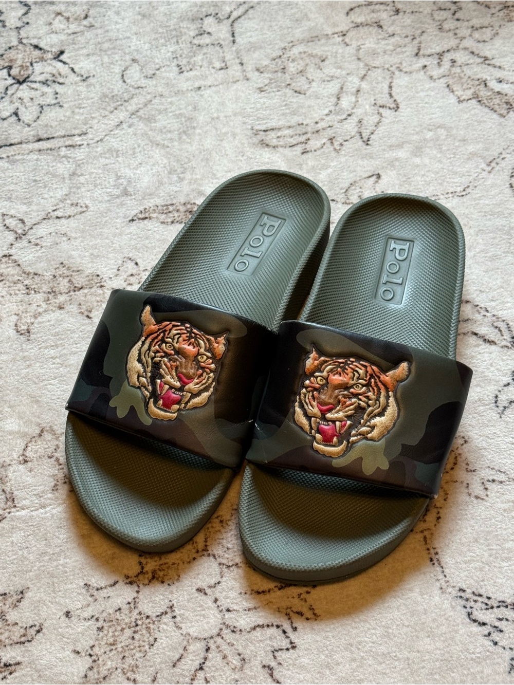 Polo by Ralph Lauren Green Camouflage Slides with Tiger Embroidered Patch